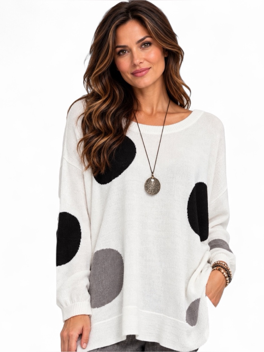 Planet by Lauren G One Size White Geometric Pima Cotton Blend Sweater Tunic